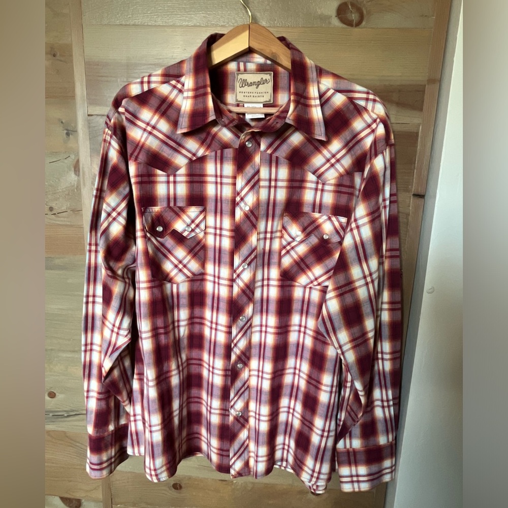 Wrangler Burgundy and Cream Plaid Pearl-Snap Long-sleeve Shirt -